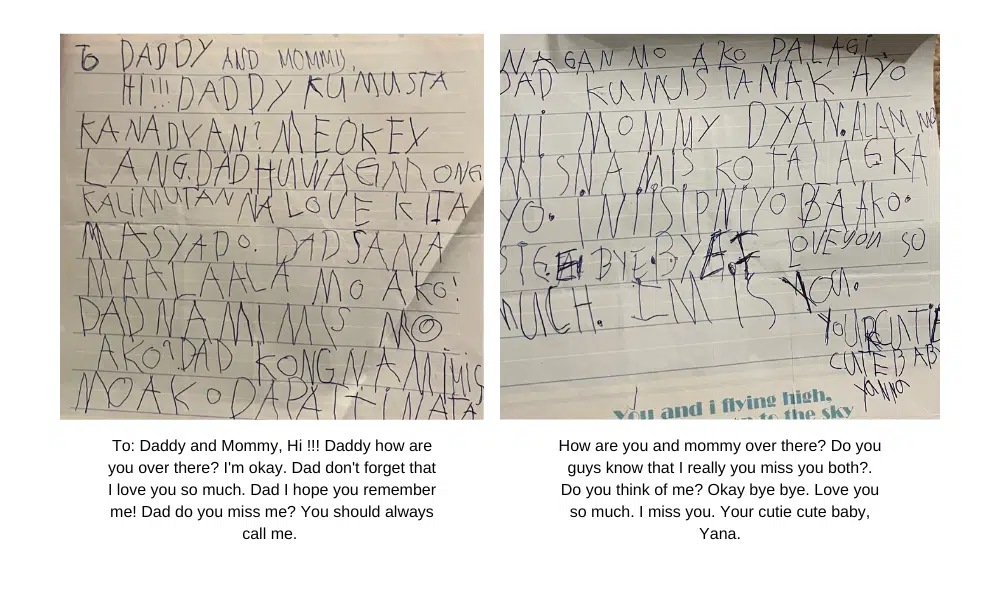 Letter written by a young child to her parents